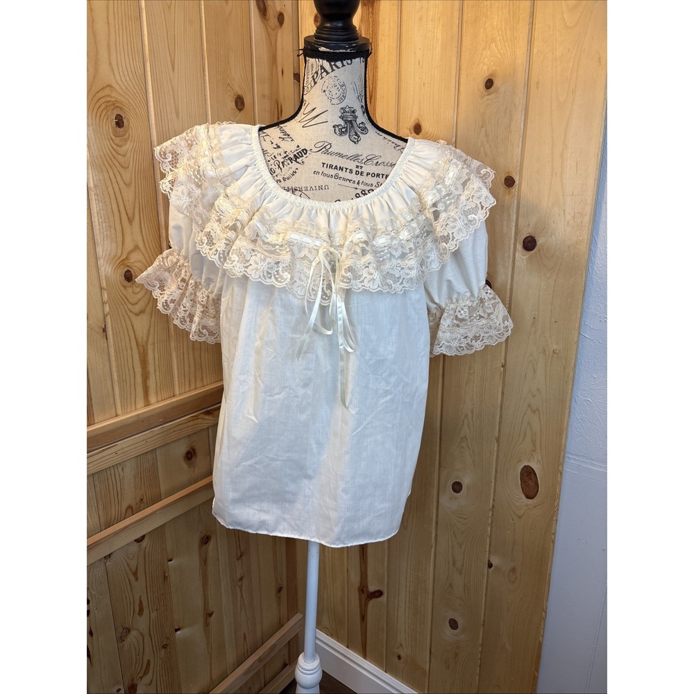 New Square Up Fashions Cream Lace Trim Dance Top Puff Sleeve Ruffle Large Boho